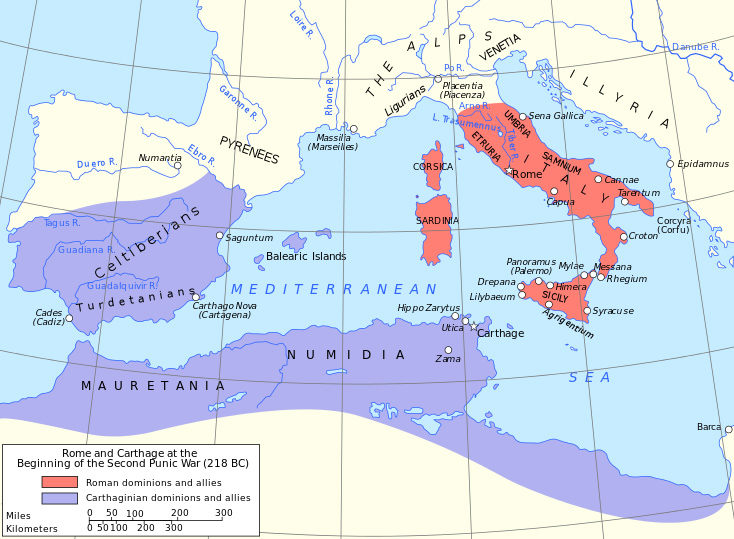 Фиолетовым цветом на карте помечены владения Карфагена накануне похода Ганнибала (Второй Пунической войны), красным - владения Рима