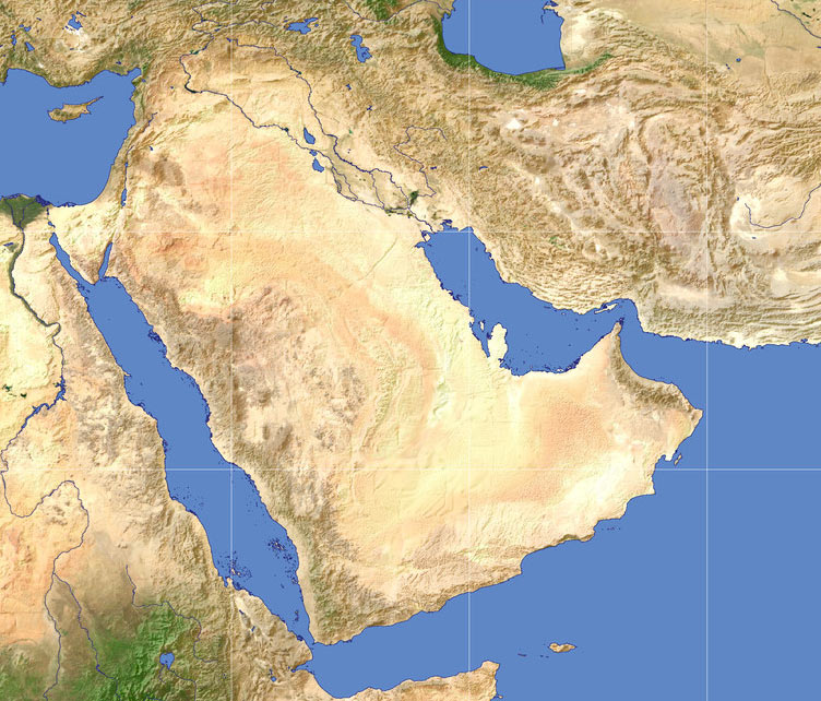 Общий вид Аравийского полуострова из космоса. Как видно, по большей части это весьма негостеприимная земля с исключительно суровым жарким климатом